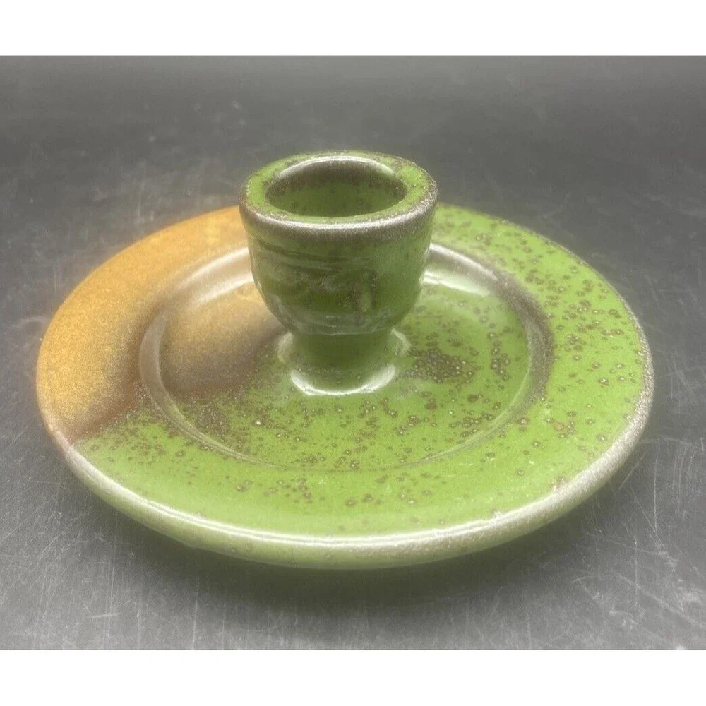 Studio Art Pottery Green Brown Orange‎ Glazed Candle Stick Holder Signed 6